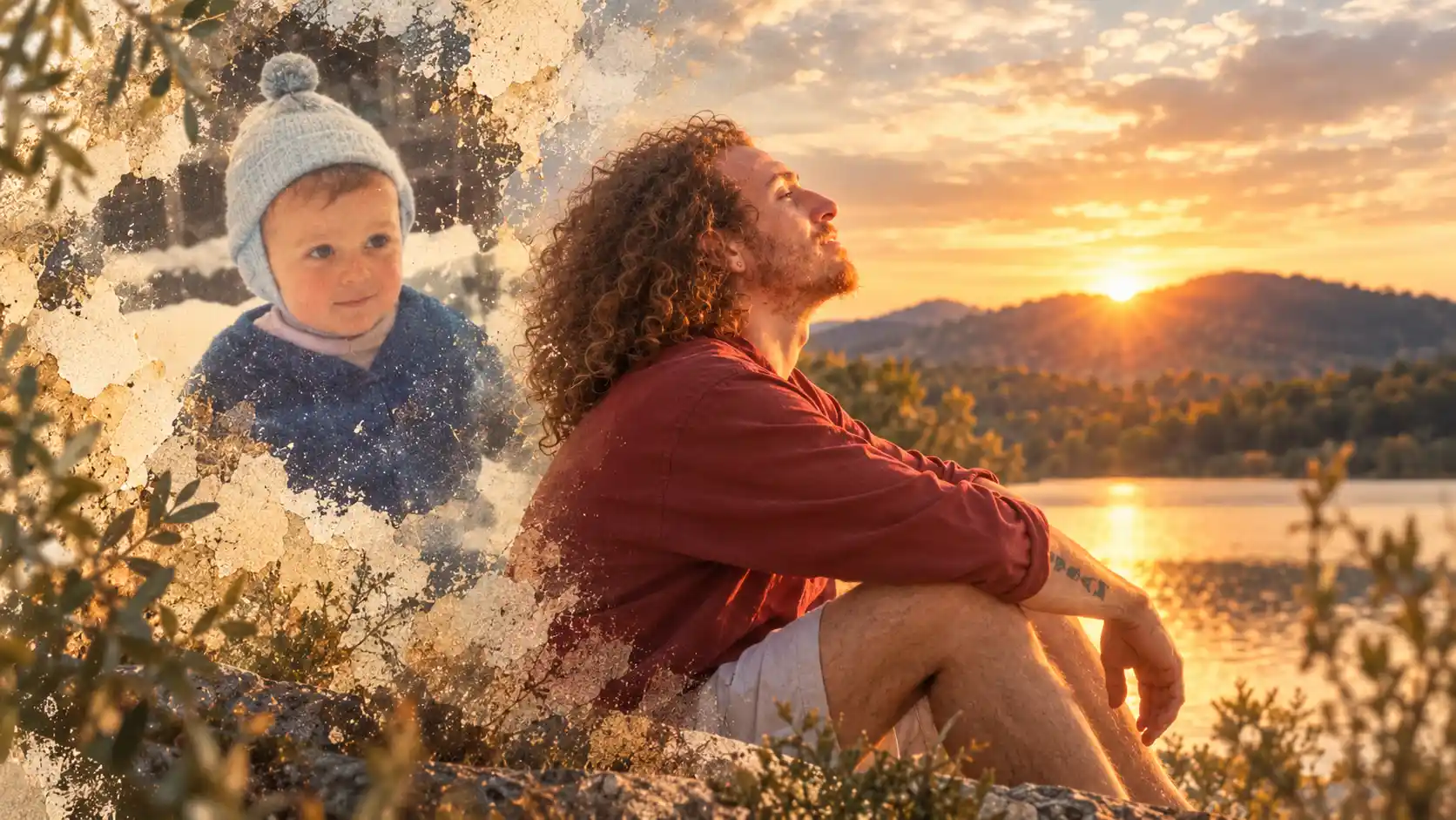 Ram Alsaman with his younger self at sunset in an abstract Parts Work image about inner child healing